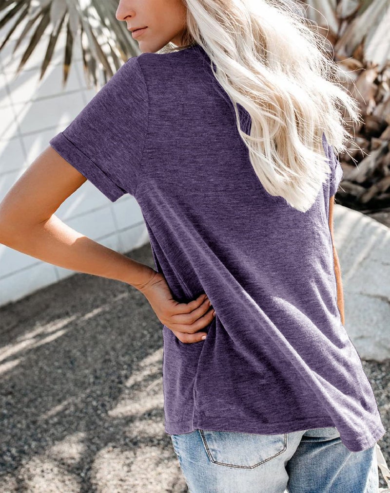 Bingerlily Women's Roll Up Short Sleeve T Shirts Summer Crew Neck Tops Loose Causal Tees with Pocket Purple - Image 3